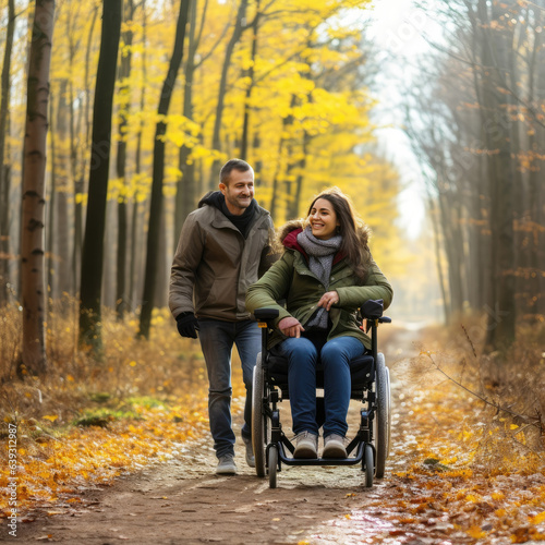 People walking and in wheelchairs in the forest © Glyn
