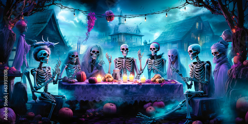illustration of skeletons which sitting at festive table and celebrating Halloween. Halloween party © zamuruev