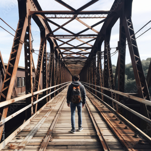 Person looking down a bridge