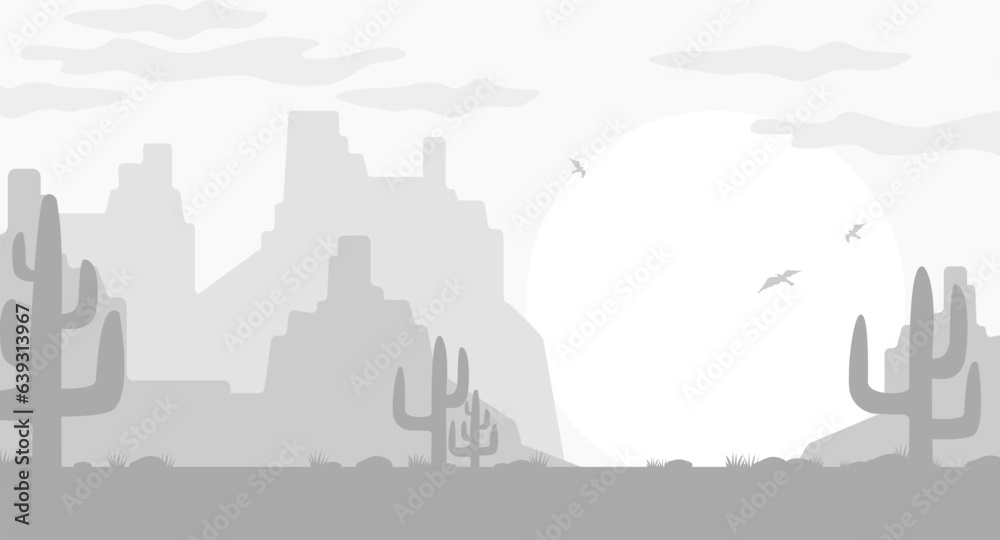 Wild Western Texas desert landscape sunset with mountains and cactus in flat cartoon style.