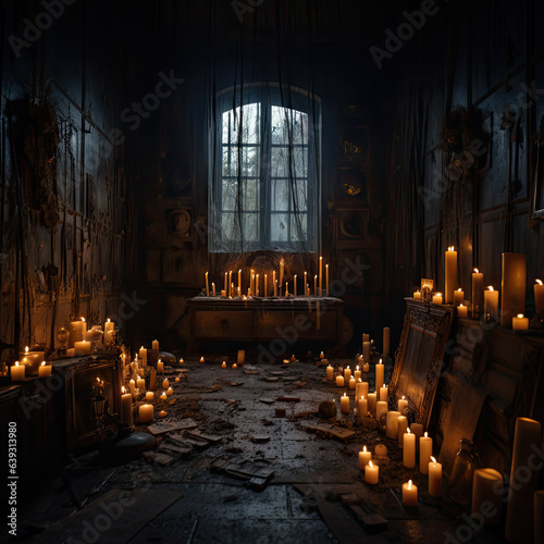 A spooky room with candles