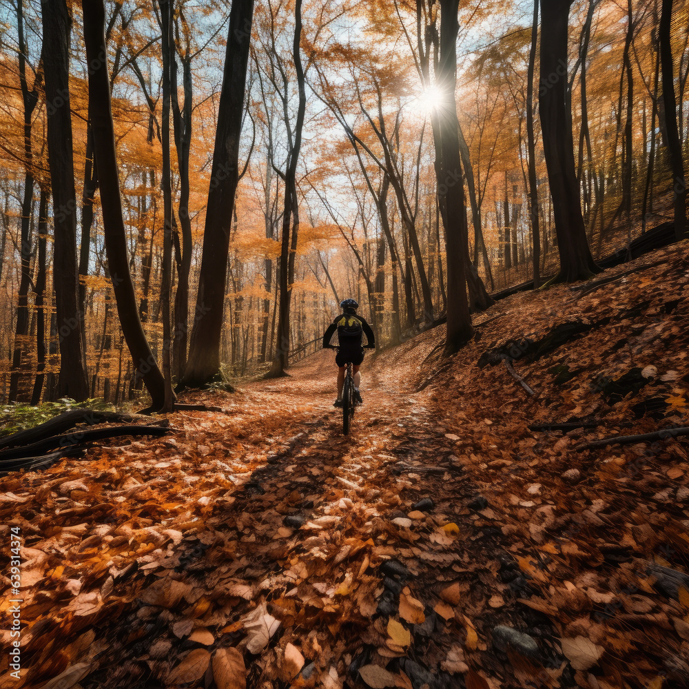 Cycling through an autumn forest