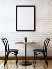 Mockup blank frame isolated on decent restaurant background, with dining table and chairs, bright window lights.