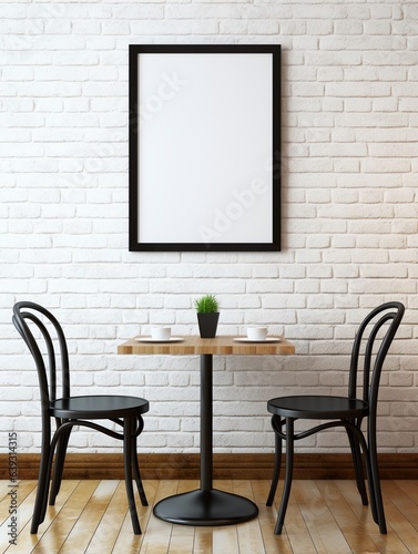 Mockup blank frame isolated on decent restaurant background, with dining table and chairs, bright window lights. © JW Studio