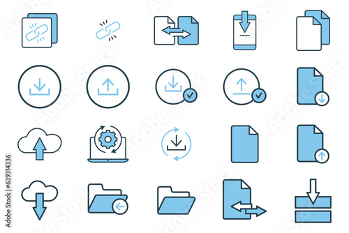 Download set icon. Contains icons download, upload, transfer, link, etc. suitable for web site design, app, user interfaces, printable, etc. flat line icon style. Simple vector design editable