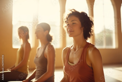 Three women at a yoga class looking relaxed and happy, sitting on the yoga mat with sunlight streaming in through the window