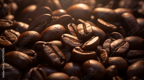 Close-up of coffee beans, Zoom in to showcase the individual beans, adorned in intricate patterns, glistening under a soft spotlight. , generative AI