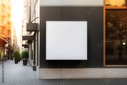 singboard mockup and template blank advertising or light box with copy space for your text message or media and content, signage in dark frame with city wall background display. Generative Ai photo