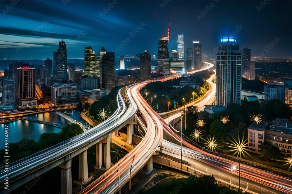 Time-lapse of site at night with light trails of traffic in the city, top view