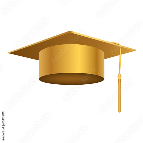 Academic graduates golden 3d cap. Festive prom headwear for colleges and academies with ceremony awarding scientific vector degrees