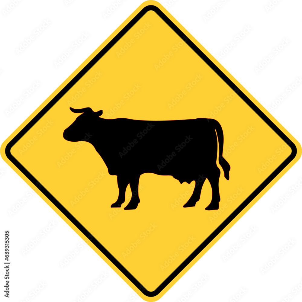Vector graphic of a usa Cattle Ahead highway sign. It consists of the silhouette of a cow within a black and yellow square tilted to 45 degrees