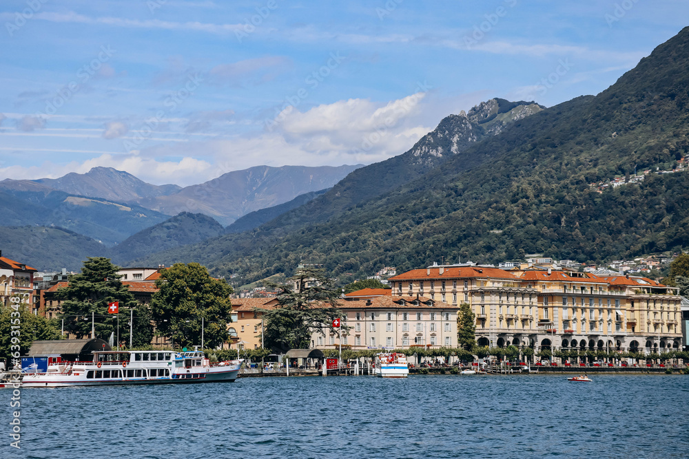Lugano, Switzerland - August 10, 2023: The picturesque embankments of Lugano on the lake