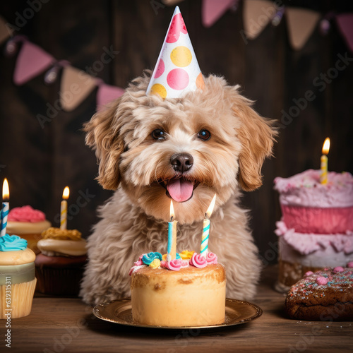 Dog at a party with cake
