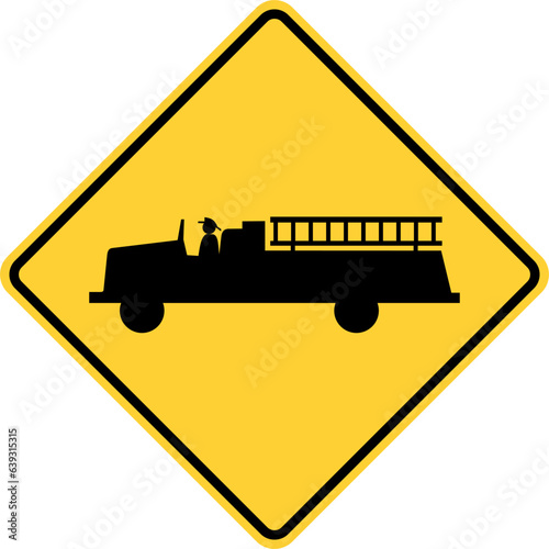Vector graphic of a usa Emergency Vehicle Exit Ahead highway sign. It consists of the silhouette of a fire truck and ladder within a black and yellow square tilted to 45 degrees