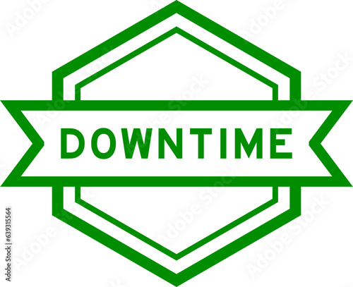 Vintage green color hexagon label banner with word downtime on white background