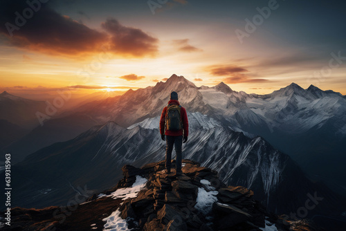 Happy hiker looking sunset at top of the mountain - Generative AI