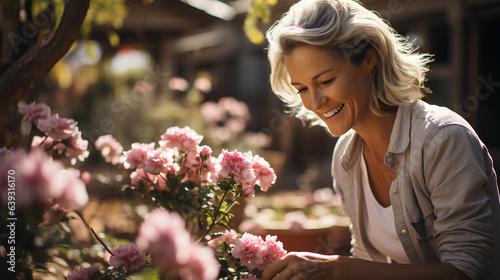 Beautiful woman sitting in the garden and looking at the flowers. © D-Stock Photo