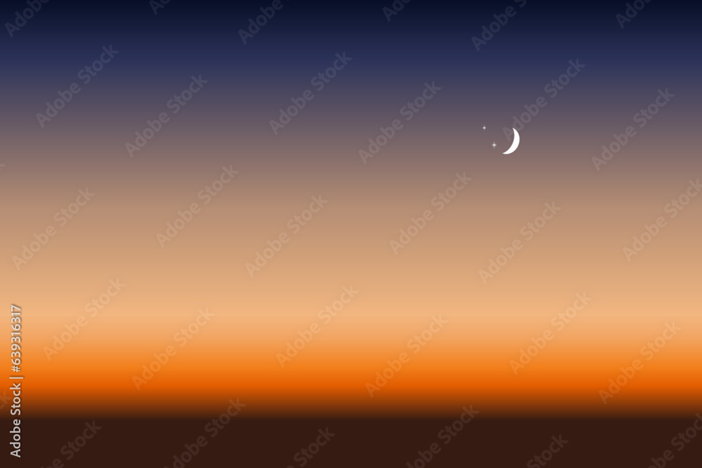 twilight sunset sky with crescent moon and stars. abstract background night scene. evening sky before night background