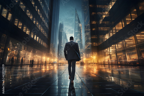 A  lonely businessman walking at night in financial downtown street