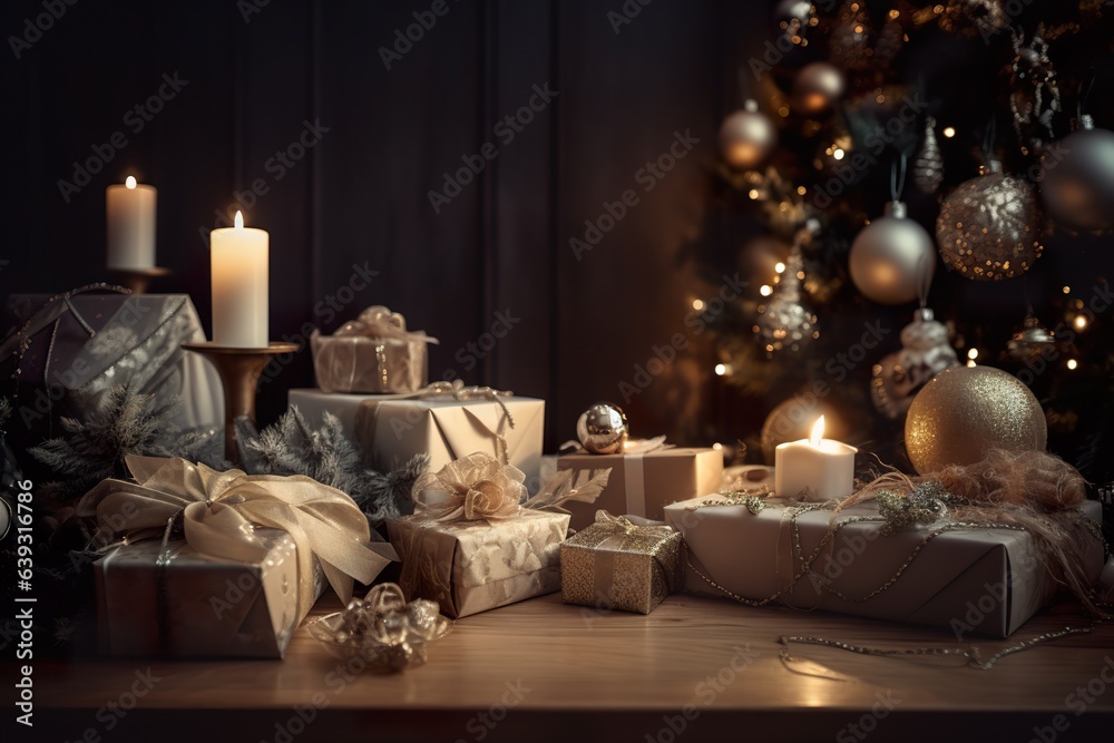 Christmas decoration with baubles and lights over dark wooden background