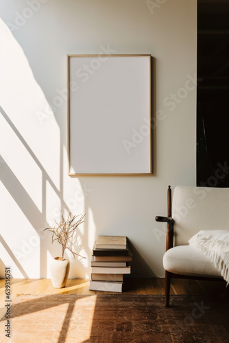artistic frame canvas mock up in a curated scandinavian studio setting / vintage artists desk, atelier bohemian style with natural light and shadows - ai generative art