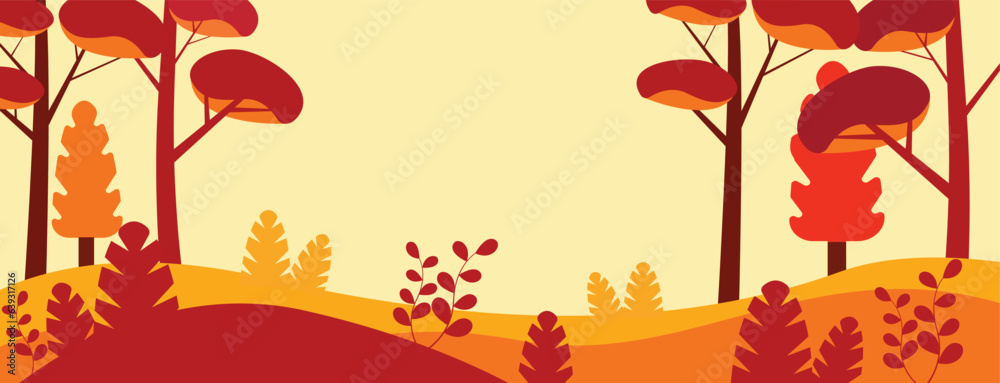 Vector drawing autumn landscape, warm colors. Banner template, design elements.