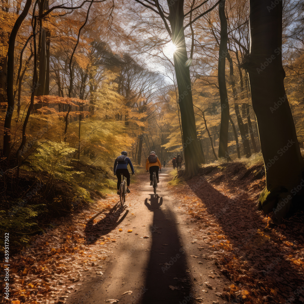 People cycling through the autumn forest People cycling through the autumn forest