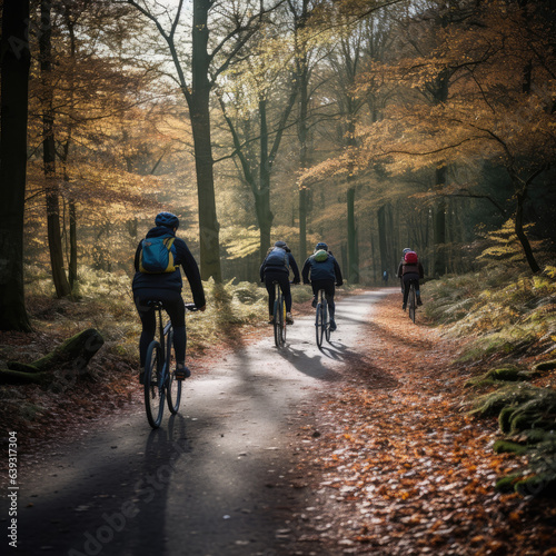 People cycling through the autumn forest © Glyn