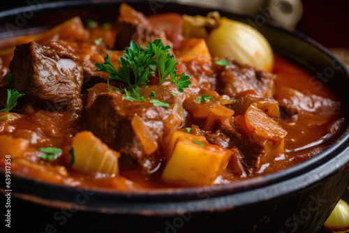 A delightful close-up of Hungarian goulash, featuring tender beef, onions, and potatoes, beautifully garnished with a sprig of thyme