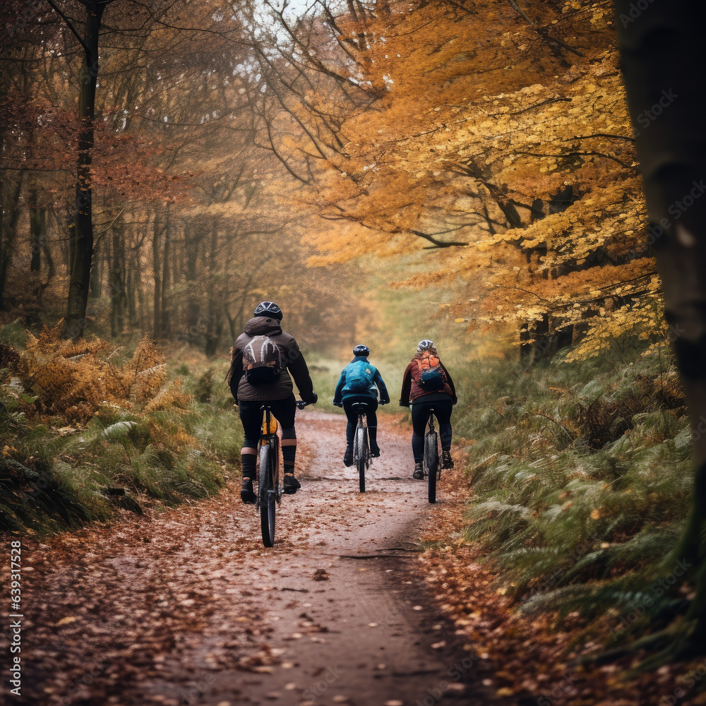 People cycling through a forest People cycling through a forest