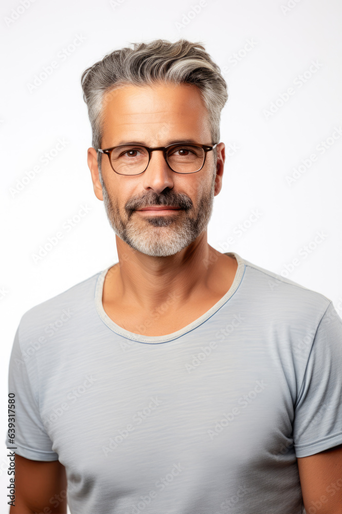 Smiling middle-aged man with glasses, wearing white t-shirt Smiling middle-aged man with glasses, wearing white t-shirt