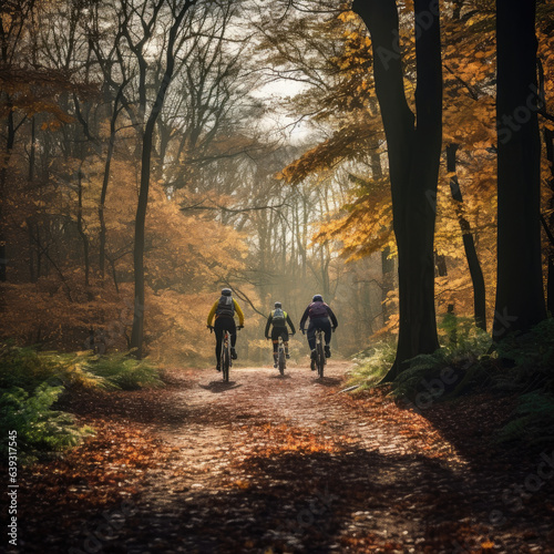 People cycling through autumn forest © Glyn