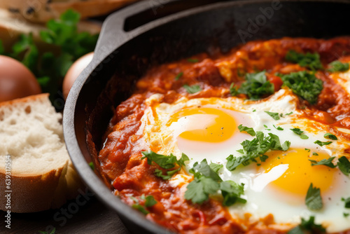 A close-up shot showcasing a delicious Shakshuka dish, complete with a runny yolk and served alongside crusty bread