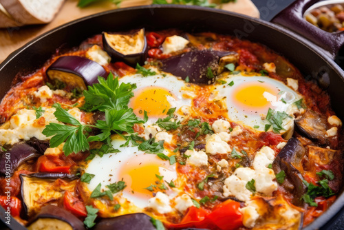 A mouthwatering close-up of Shakshuka, featuring crispy baked eggplant and feta cheese, is beautifully captured in this photo