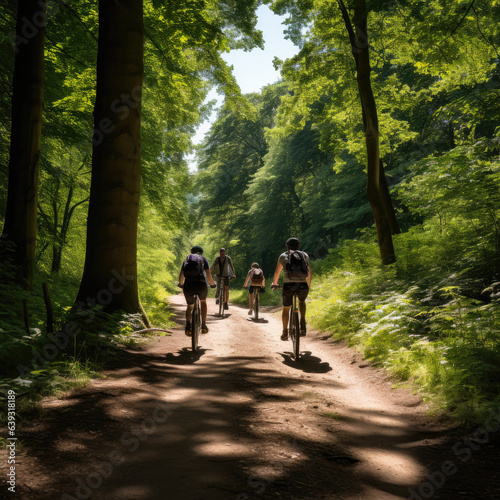 People cycling through the forest