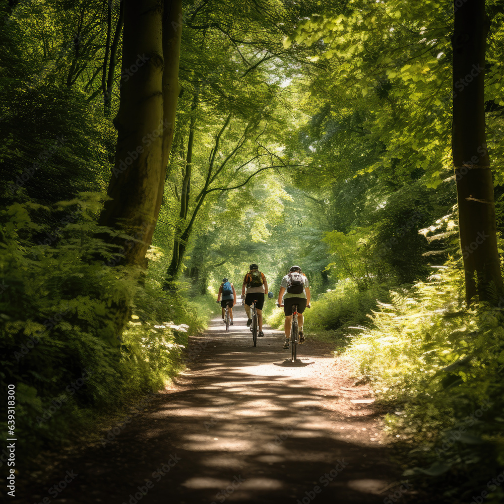 People cycling through the forest People cycling through the forest