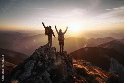 Billede på lærred Two hiker with arms raised at the top of mountain - Generative AI