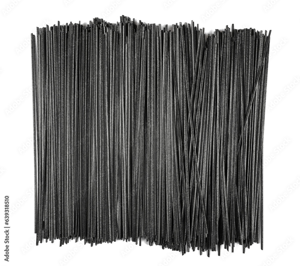 Black rice noodles, organic dried black and brown rice pasta isolated on white, top view Black rice noodles, organic dried black and brown rice pasta isolated on white, top view