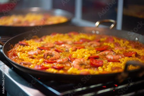 In a traditional Spanish kitchen, a steamy paella cooks with saffron, chorizo, and prawns, creating an enticing aroma