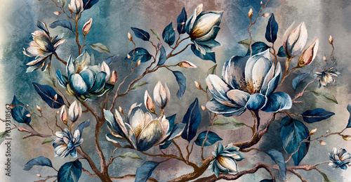 A branch of watercolor flowers, an artistic drawing in bright colors on a textured background, photo wallpaper in the interior © Viktorious_Art