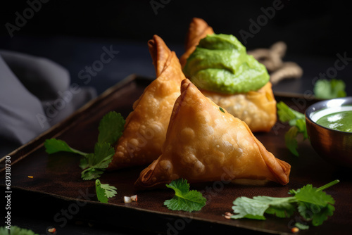 A mouthwatering close-up of a just-baked samosa, filled with spiced potatoes and peas, accompanied by mint chutney for a burst of flavor