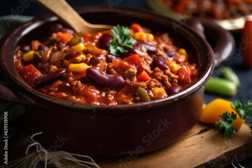 A close-up of a plant-based scoop of chili con carne, featuring vibrant veggies, aromatic spices, and protein, all in one delicious bowl