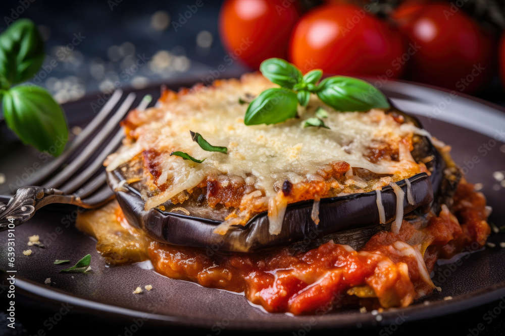 A close-up shot showcasing the deliciousness of Hearty Eggplant Parmesan, topped with fresh tomato sauce and aromatic herbs