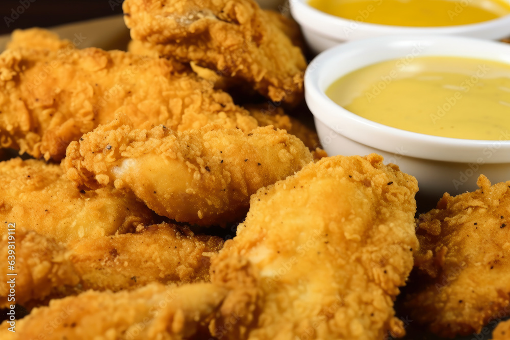 A close-up of crispy chicken tenders, covered in seasoned breadcrumbs, and accompanied by a side of honey mustard dipping sauce, on a tray A close-up of crispy chicken tenders, covered in seasoned breadcrumbs, and accompanied by a side of honey mustard dipping sauce, on a tray