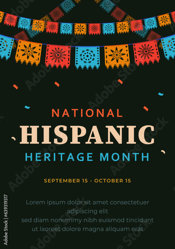 Hispanic heritage month. Abstract flag ornament poster design, retro style with text, geometry