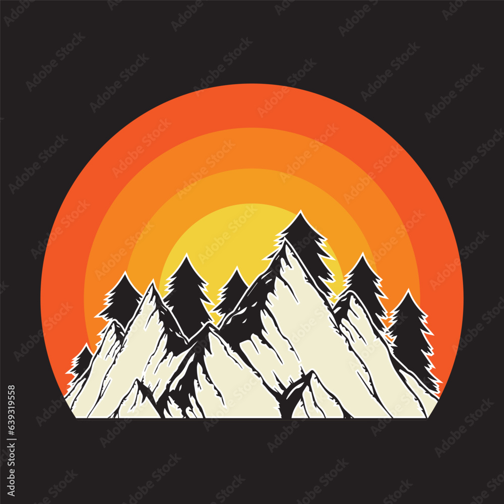 Fototapeta premium Retro vintage sunset mountain Forest T-Shirt Design, Outdoor adventure. Vector graphics for t-shirts and other uses