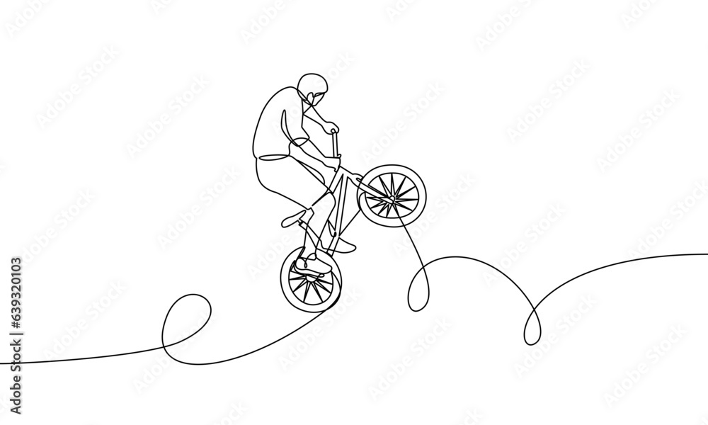 Naklejka premium Single continuous line cycling BMX freestyle. The man is doing a trick. Extreme sports. One line drawing vector illustration