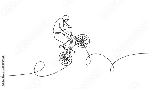 Single continuous line cycling BMX freestyle. The man is doing a trick. Extreme sports. One line drawing vector illustration