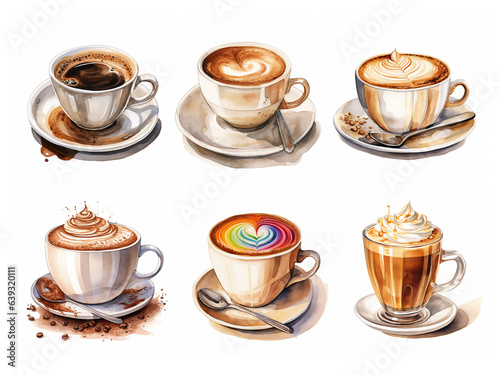Illustration Coffee Latte Art Cappuccino Cafe au Lait Flat White Mocha Caramel Macchiato Rainbow Watercolor Painting Set Starbucks Concept