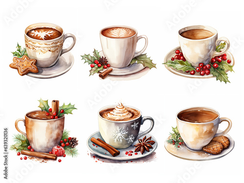 Illustration Coffee Latte Cappuccino Cafe au Lait Flat White Watercolor Painting Set Festive Christmas Starbucks Concept
